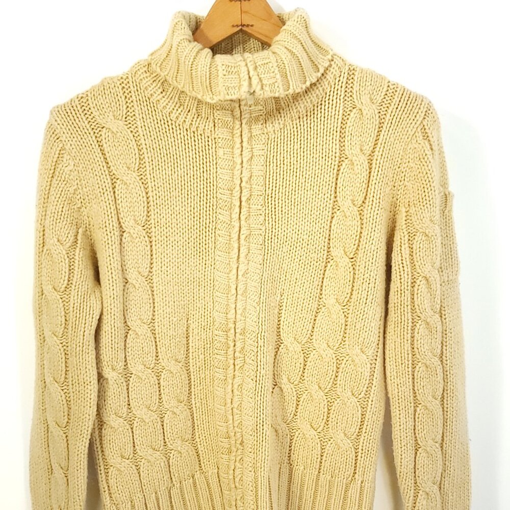 Vtg Sears Sweater Men's Med Khaki Cable Knit Zip Front Grandpa Distressed